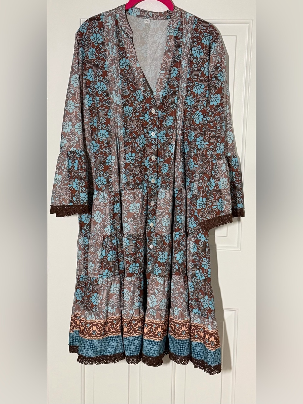Boho Floral Button-Front Midi Dress in Brown & Light Blue